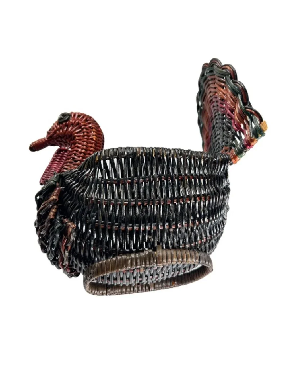 Vtg Wicker Turkey Basket Rattan Red Green Fall Bird Decor Handwoven Colorful